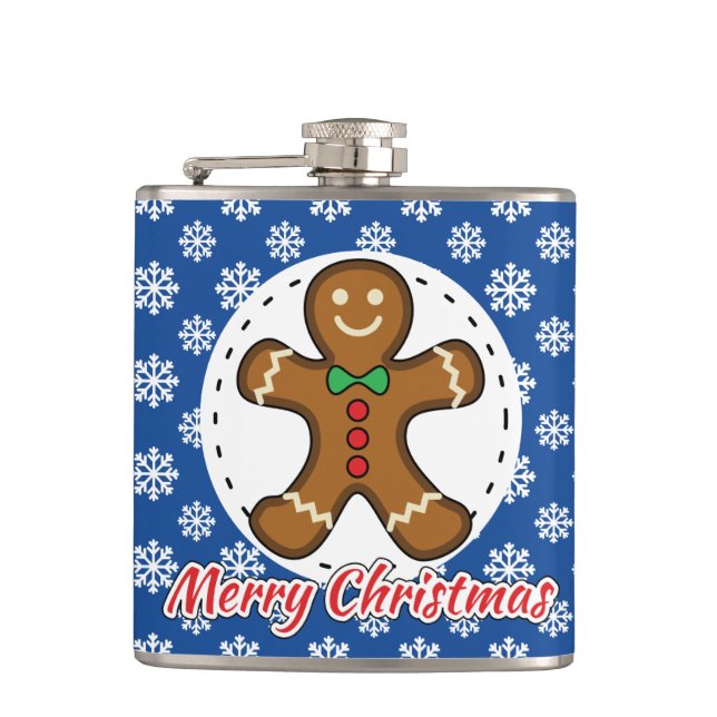 Gingerbread - Blue Snowflakes Pattern - Merry Xmas Flask (Front)