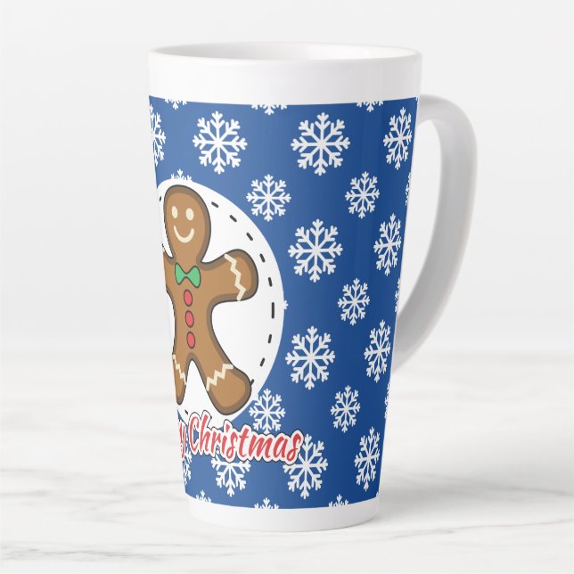 Gingerbread - Blue Snowflakes Pattern - Merry Xmas Latte Mug (Right Angle)