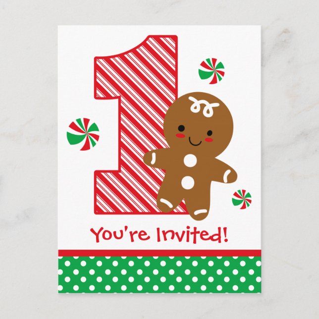 Gingerbread Boy 1st Birthday Invitation Postcard (Front)