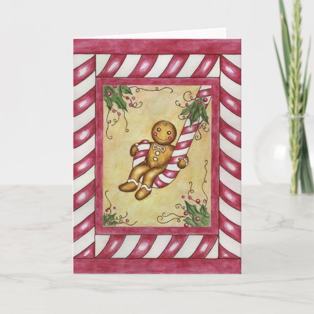 Gingerbread Boy Candy Cane Christmas Card (Front)