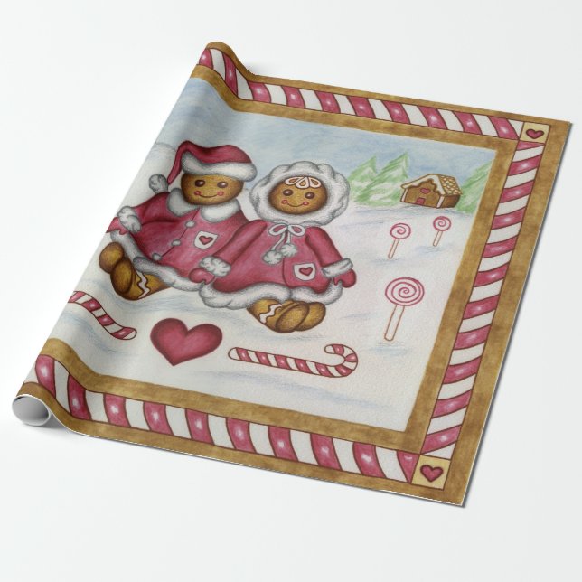 Gingerbread Boy Girl Christmas Gift Wrapping Paper (Unrolled)