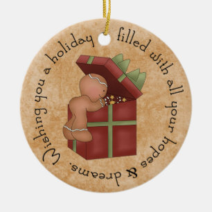 Gingerbread Boy peaking at present Ceramic Ornament