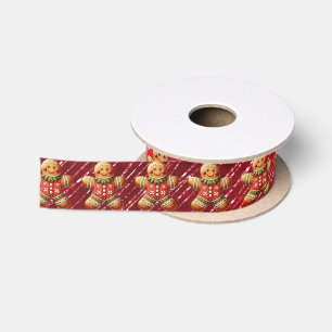 Gingerbread Boy Red Glitter Satin Ribbon
