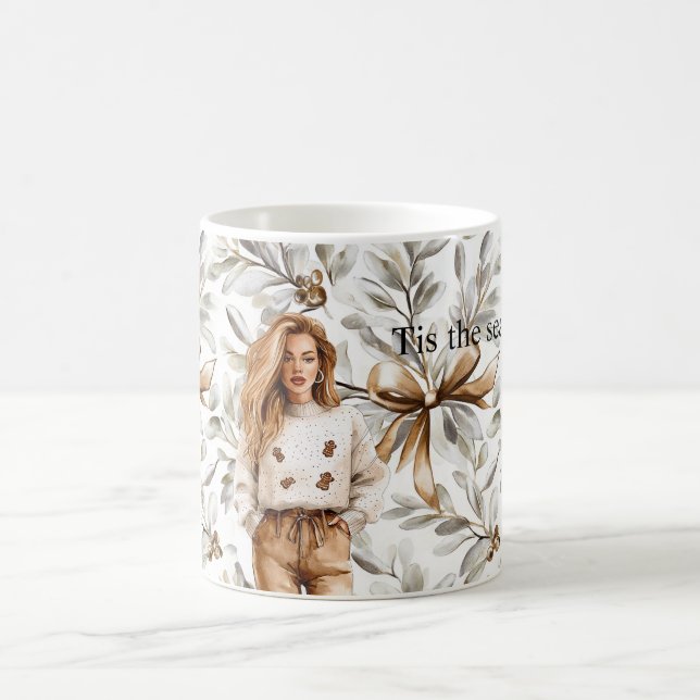 Gingerbread Brown Blond Girl Christmas Bow Coffee Mug (Center)