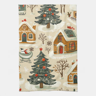 Gingerbread Brown Christmas Village Beige Kitchen Towel