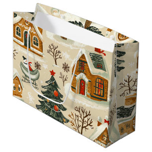Gingerbread Brown Christmas Village Beige Large Gift Bag