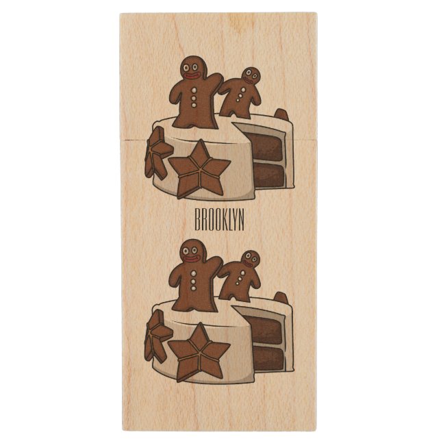 Gingerbread cake cartoon illustration wood flash drive (Front Vertical)