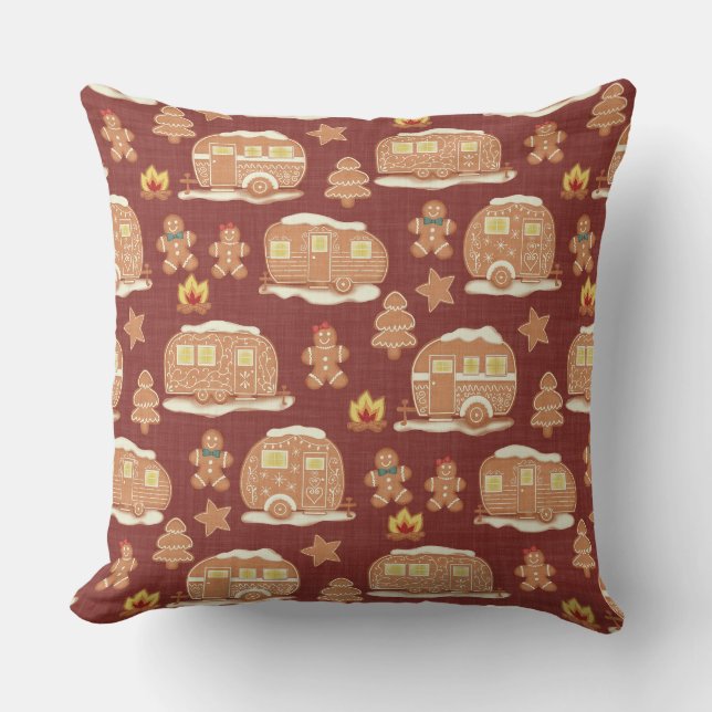 Gingerbread Camper Christmas Throw Pillow (Front)