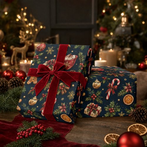 Gingerbread Candy Cane Hot Cocoa Holiday Pattern Wrapping Paper