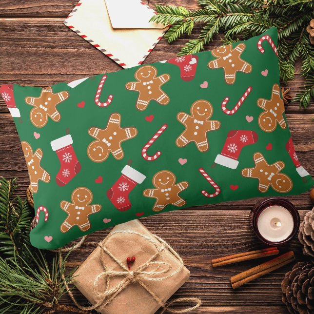 Gingerbread Candy Cane Stockings Christmas Green Lumbar Pillow (cute gingerbreadm candy cane and stockings christmas throw pillow in dark green background)