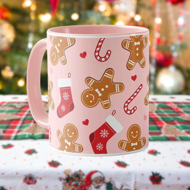 Gingerbread Candy Cane Stockings Christmas Pink Mug (cute gingerbread, candy cane and stockings pink christmas mug )