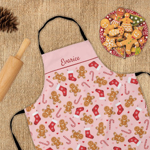 Gingerbread Candy Cane Stockings Pink Christmas Apron