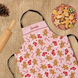 Gingerbread Candy Cane Stockings Pink Christmas Apron