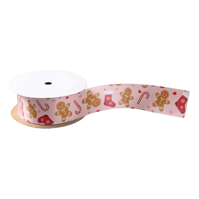 Gingerbread Candy Cane Stockings Pink Christmas Satin Ribbon (Spool)