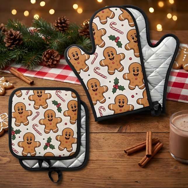 Gingerbread Candy Canes & Holly Sprigs Christmas Oven Mitt & Pot Holder Set (Gingerbread Men Candy Canes and Holly Sprigs on a White Background Christmas Oven Mitt & Pot Holder )