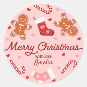 Gingerbread Candycane Stockings Pink Christmas Classic Round Sticker