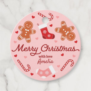 Gingerbread Candycane Stockings Pink Christmas Favor Tags