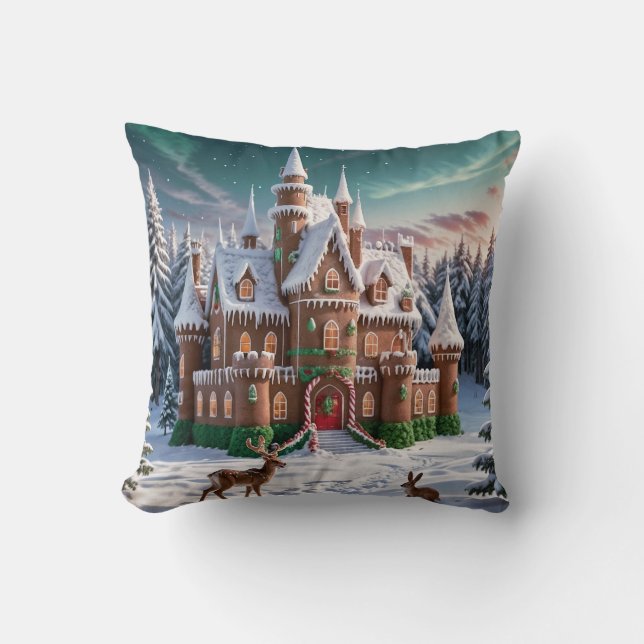 Gingerbread Castle from the Christmas Forest Throw Pillow (Front)