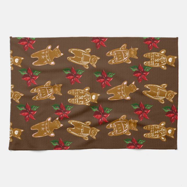 Gingerbread Cats on Dark Chocolate - Hand Drawn Kitchen Towel (Horizontal)