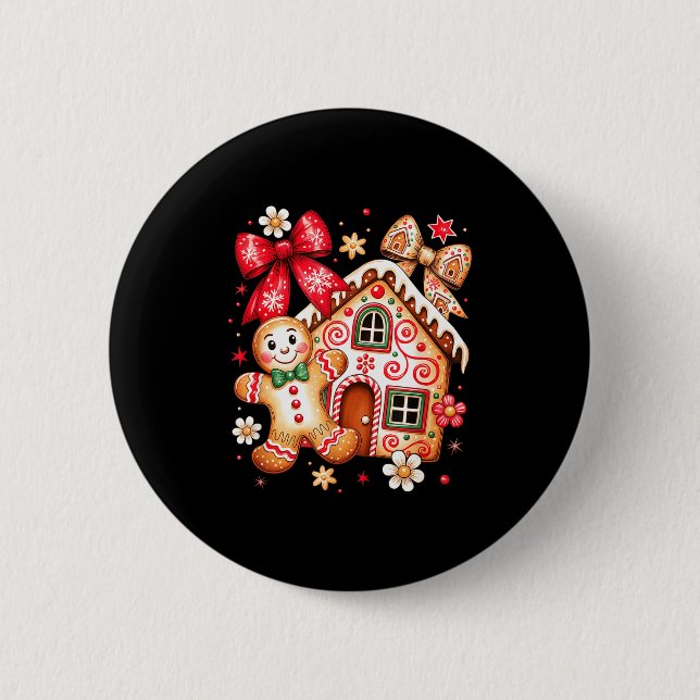 Gingerbread Christmas Bow Christmas House Retro Co Button (Front)