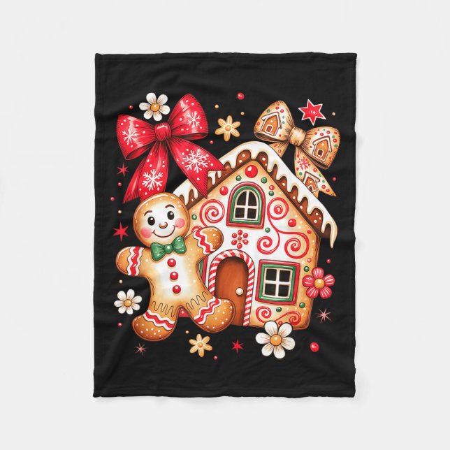 Gingerbread Christmas Bow Christmas House Retro Co Fleece Blanket (Front)