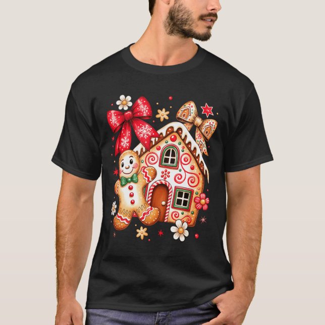 Gingerbread Christmas Bow Christmas House Retro Co T-Shirt (Front)