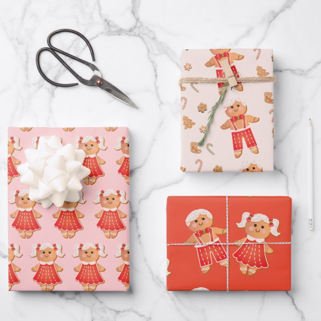Gingerbread Christmas Cookie Boy and Girl Wrapping Paper Sheets (Front)