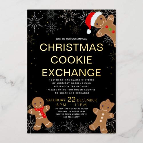 Gingerbread Christmas Cookie Exchange Gold Black Foil Holiday Card