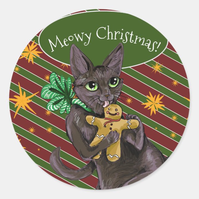 Gingerbread Christmas Cookie Kitty Classic Round Sticker (Front)