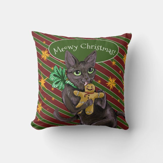 Gingerbread Christmas Cookie Kitty Throw Pillow (Front)