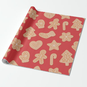 Gingerbread Christmas Cookie Pattern on Red Wrapping Paper