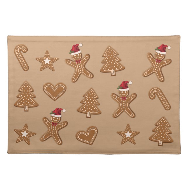 Gingerbread Christmas Cookie Shapes On Brown Cloth Placemat (Front)