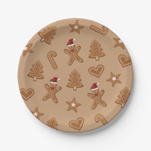 Gingerbread Christmas Cookie Shapes On Brown Paper Plates (Front)
