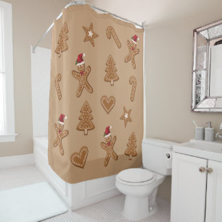Gingerbread Christmas Cookie Shapes On Brown Shower Curtain