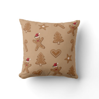 Gingerbread Christmas Cookie Shapes On Brown Throw Pillow