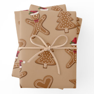 Gingerbread Christmas Cookie Shapes On Brown Wrapping Paper Sheets