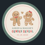 Gingerbread Christmas Gender Reveal Favor Classic Round Sticker<br><div class="desc">Cute Gingerbread Gender reveal party favor packaging stickers. Christmas red and green design with cute gingerbread illustrations. Customize text with your names and party date.</div>