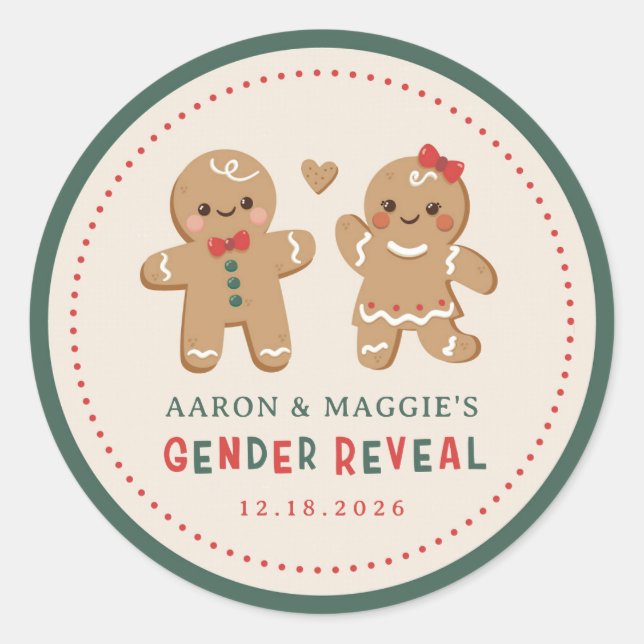 Gingerbread Christmas Gender Reveal Favor Classic Round Sticker (Front)