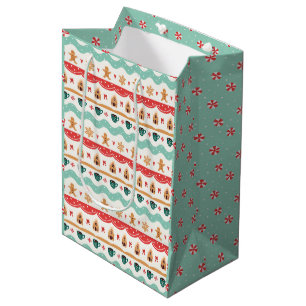 Gingerbread Christmas Mint Green Scalloped Stripes Medium Gift Bag