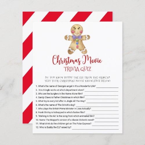 Gingerbread Christmas Movie TRIVIA QUIZ Game Card