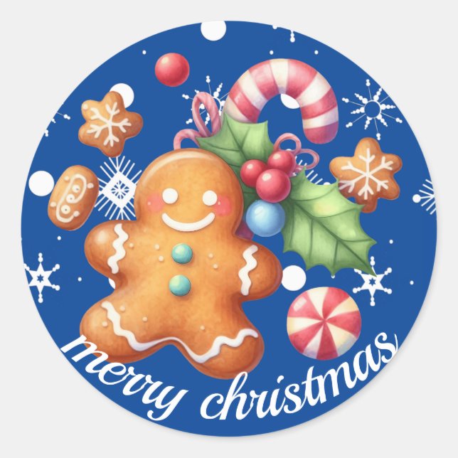 Gingerbread Christmas Peppermint Blue Name Blue Classic Round Sticker (Front)