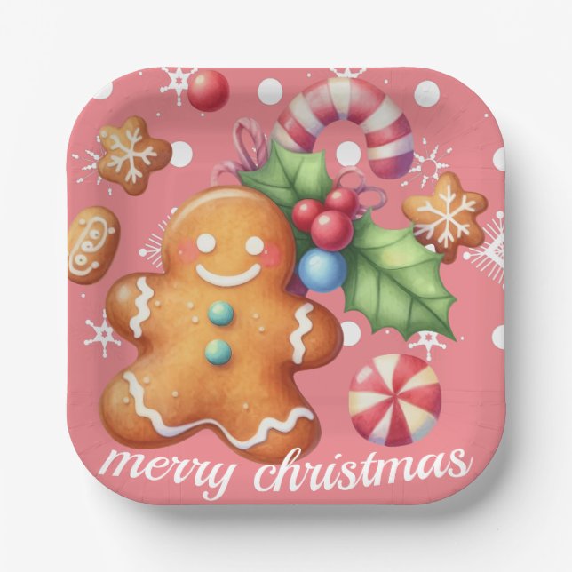 Gingerbread Christmas Peppermint Blue Name Pink Paper Plates (Front)