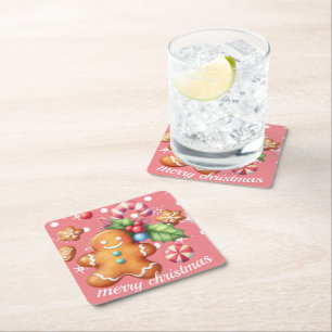 Gingerbread Christmas Peppermint Blue Name Pink Square Paper Coaster