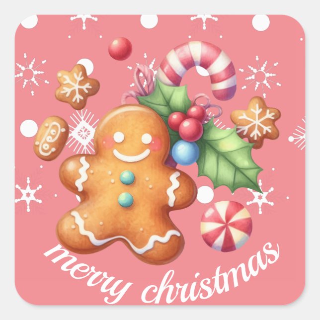 Gingerbread Christmas Peppermint Blue Name Pink Square Sticker (Front)