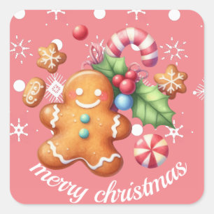 Gingerbread Christmas Peppermint Blue Name Pink Square Sticker