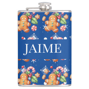 Gingerbread Christmas Peppermint Blue Name Snow  Flask