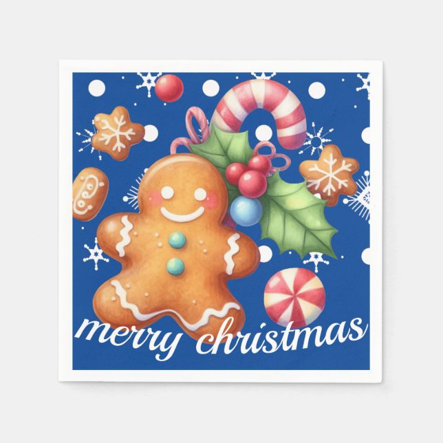 Gingerbread Christmas Peppermint Blue Name Snow  Napkins (Front)