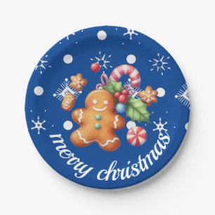 Gingerbread Christmas Peppermint Blue Name Snow Paper Plates