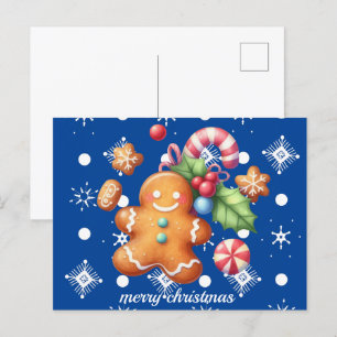 Gingerbread Christmas Peppermint Blue Name Snow Postcard