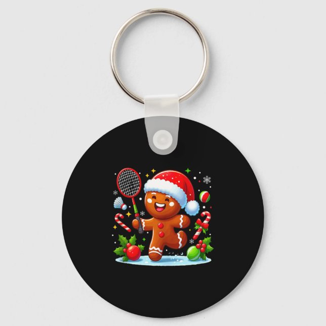Gingerbread Christmas Playing Badminton Funny Play Keychain (Front)